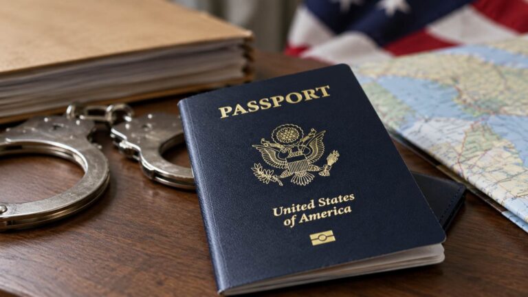 U.S. passport next to handcuffs on a table.