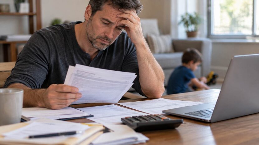 Father reviewing child support paperwork at home.
