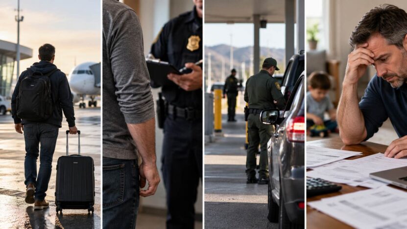 Four scenes showing travel, probation, border control, and financial obligations.