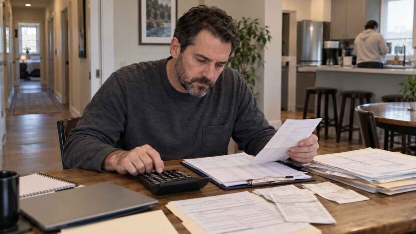 Recovery housing operator reviewing expenses, receipts, and operating costs at a table with a calculator.