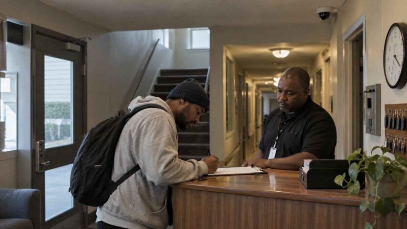 Resident signing paperwork at the front desk of a residential reentry center while a staff member supervises.