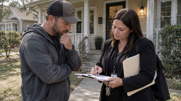 Man reviewing halfway house documents with a staff member outside a residential property.
