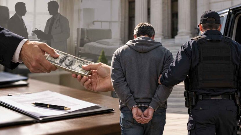 Illustration of a cash exchange linked to medical referrals and a federal arrest outside a courthouse.