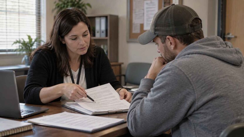 Staff member explaining discharge paperwork to a resident at a recovery housing office.