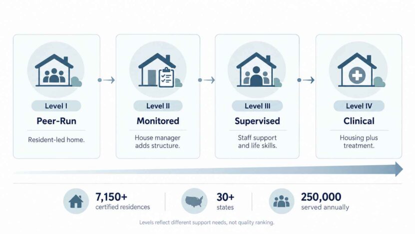 Infographic showing four NARR recovery residence levels: peer-run, monitored, supervised, and clinical.