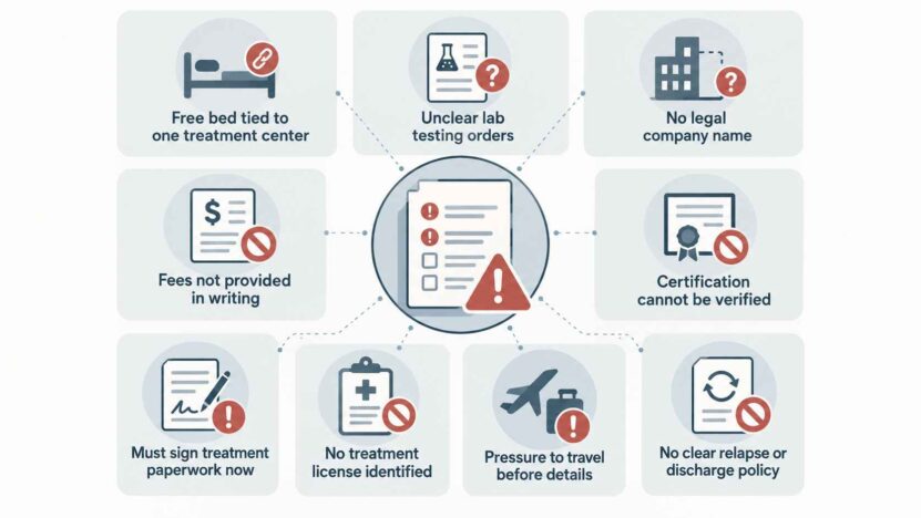 raphic showing recovery housing red flags including unclear fees, unverifiable certification, treatment pressure, and unexplained testing.