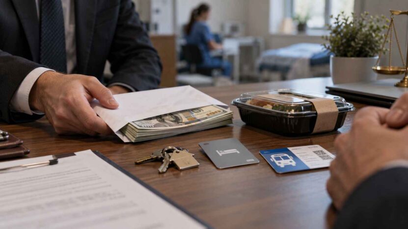 Envelope of cash beside housing keys, a meal, transportation pass, and legal documents in a healthcare setting.