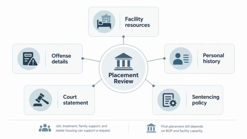 Infographic showing the five BOP placement factors: facility resources, offense details, personal history, court statement, and sentencing policy.