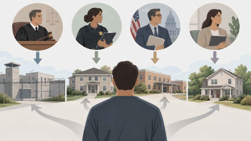 Illustration showing a person facing several housing options influenced by a judge, corrections officer, government authority, and recovery professional.