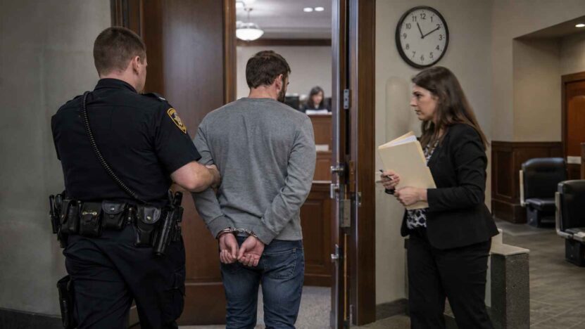 Police officer escorts a handcuffed man into a courtroom while a legal professional holds case documents.