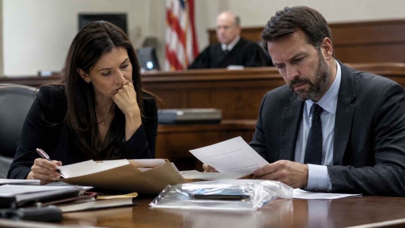 Two attorneys review case documents beside a sealed evidence bag containing a smartphone in a courtroom.
