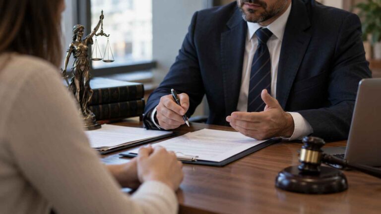 Lawyer explaining legal documents to a client across an office desk with law books and a justice statue.