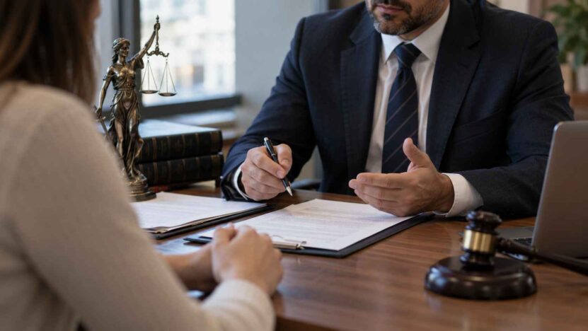 Lawyer explaining legal documents to a client across an office desk with law books and a justice statue.