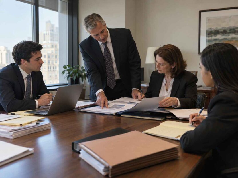 Four attorneys reviewing legal documents during a team meeting in a modern law office.