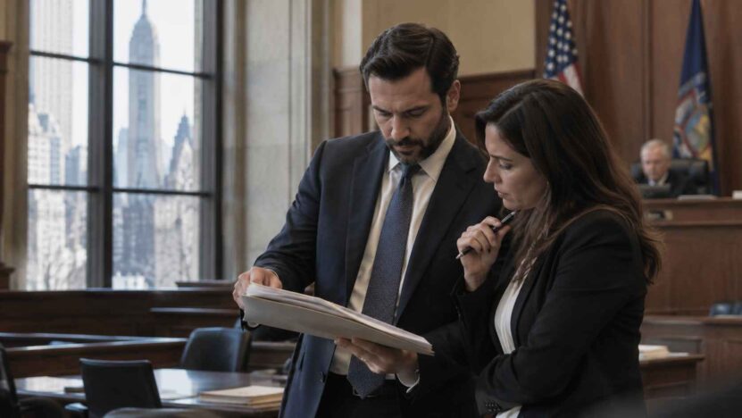 Two attorneys examine legal documents inside a New York courtroom with a judge in the background.