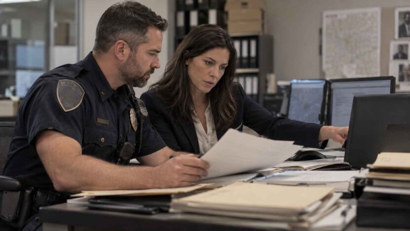 Police officer and female investigator examine documents and computer records inside a police station.