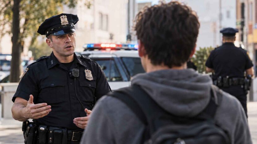 Uniformed police officer talks to a man in a gray hoodie near a patrol vehicle with flashing lights.