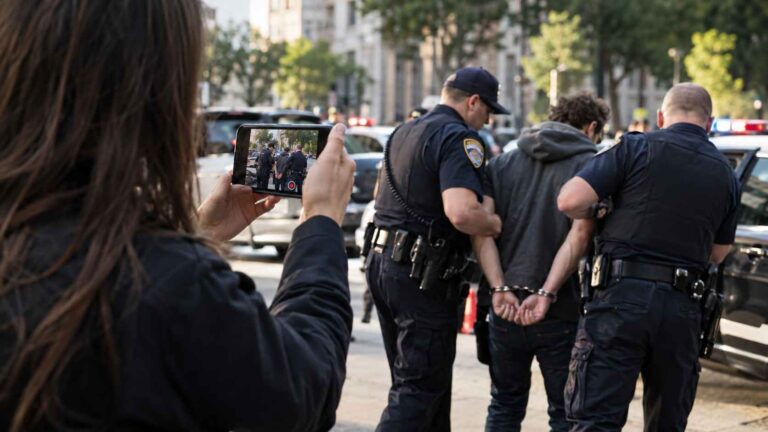 Woman films two police officers escorting a handcuffed man on a city street.