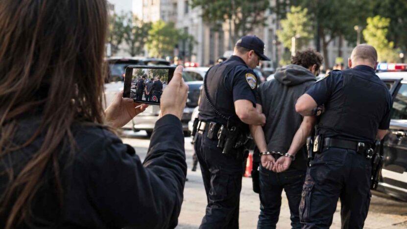 Woman films two police officers escorting a handcuffed man on a city street.