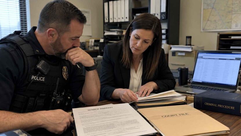 Police officer and female legal professional review a search warrant, case files, and computer records at a desk.