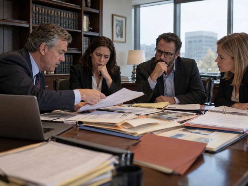 Four legal professionals reviewing case files and discussing class action certification issues in a law office.