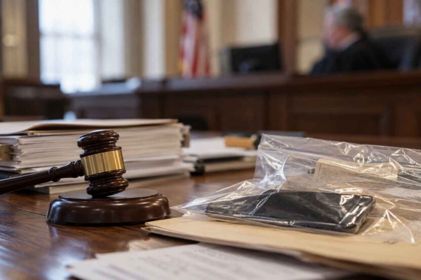 Wooden judge's gavel beside legal documents and a sealed evidence bag containing a smartphone in a courtroom.