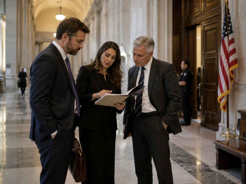 Three attorneys examine legal documents in a courthouse hallway near an American flag.
