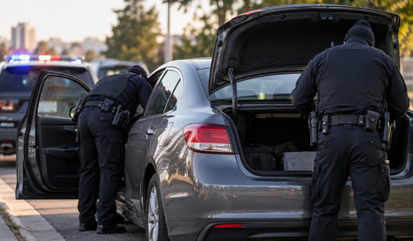 An image showing two police officers searching a vehicle.