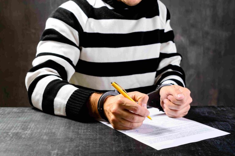 Handcuffed man in a striped shirt filling out a document with a yellow pen.