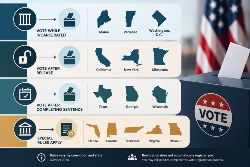 Infographic comparing felony voting rights during incarceration, after release, after sentence completion and under special state rules.