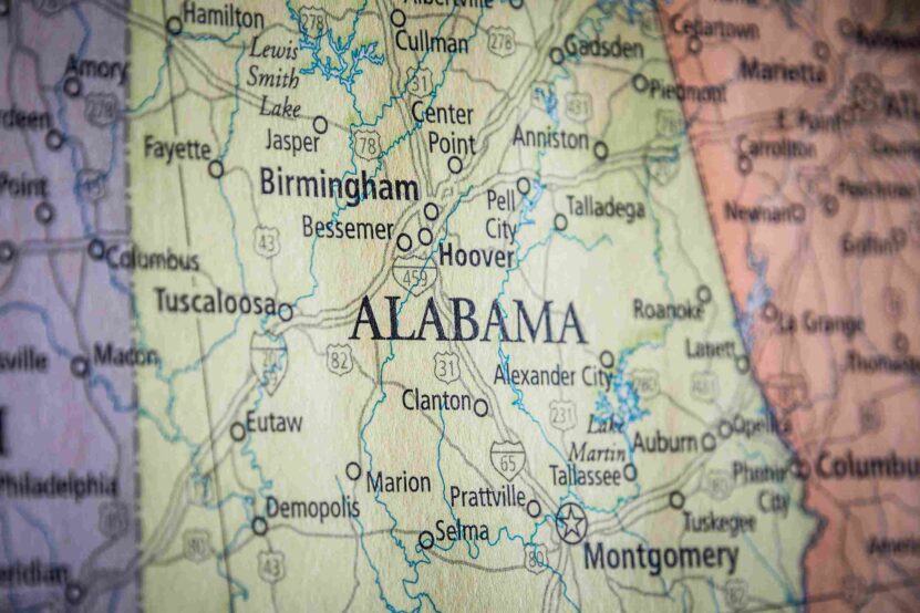 Close-up map of Alabama showing Birmingham, Montgomery, Tuscaloosa and surrounding cities.