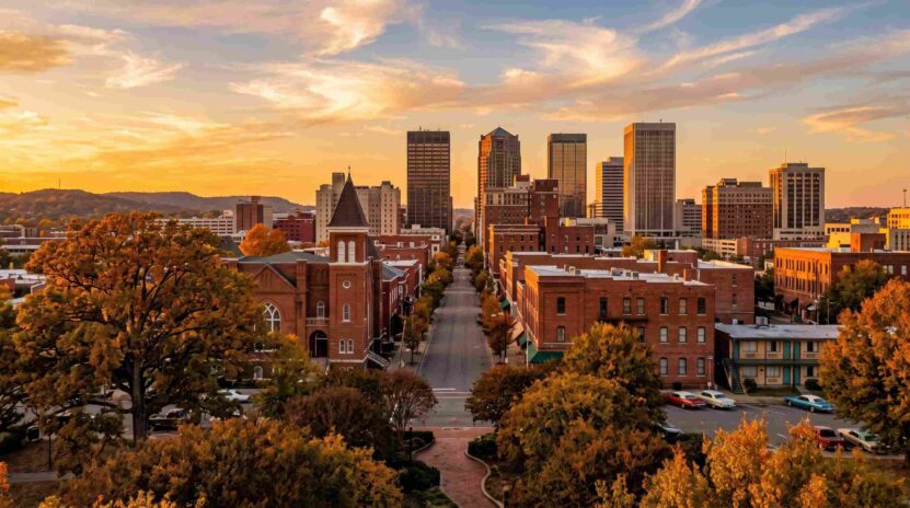 Aerial view of downtown Birmingham, Tennessee, with historic buildings and autumn trees at sunset.